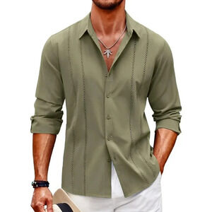 ❤️Mens Green Cuban Shirt Casual Button Down Shirts Long Sleeve Beach  Shirts